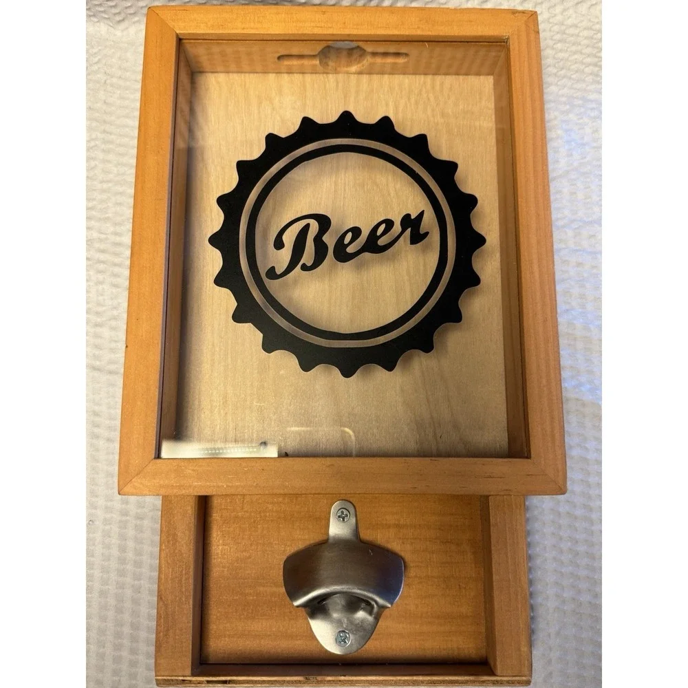 Wooden Wall Mount Beer Bottle Opener with Bottle Cap Holder